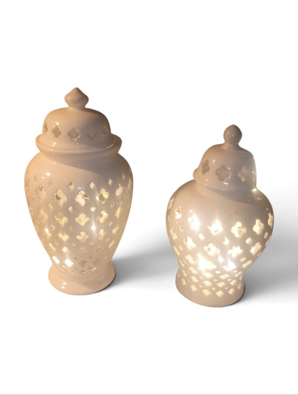 Ceramic Lidded Lantern Vase Set W/Battery Operated Fairy Lights & Batteri- White